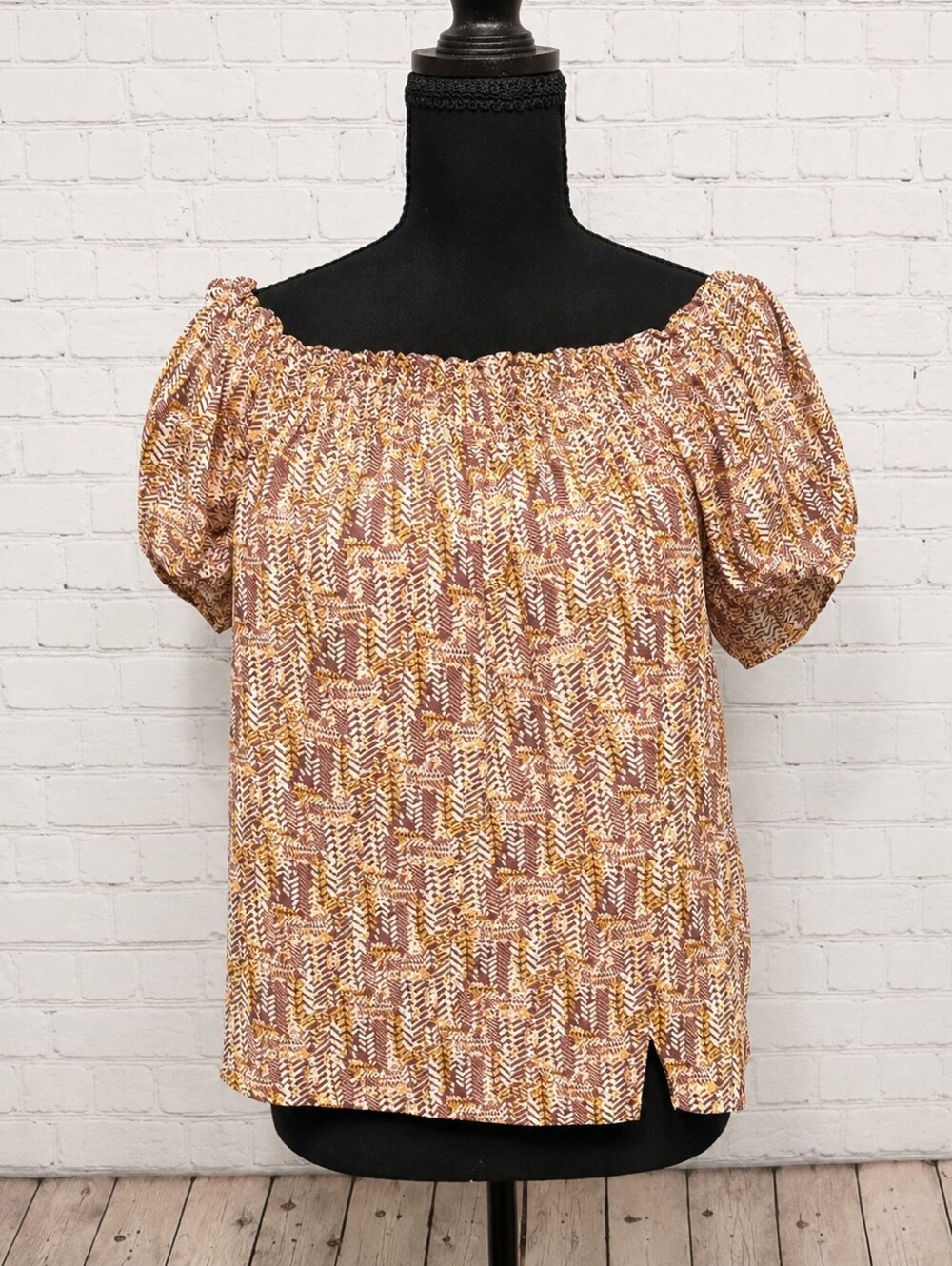 Smocked Off-Shoulder Printed Blouse in Brown and Mustard